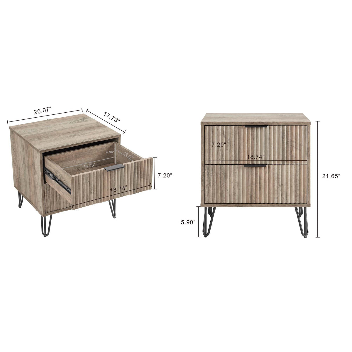 2-drawer Dumbo Nightstand with fluted fronts in natural wood by HouseOfZazla; hairpin legs on Tampa Home & Garden Store