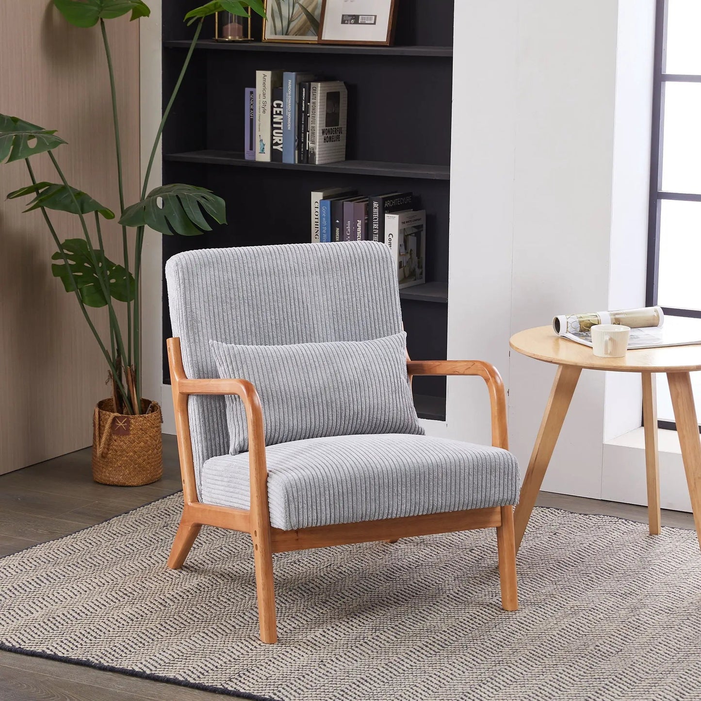 Grey ribbed fabric upholstered accent arm chair with pillow, wooden frame on Tampa Home & Garden Store