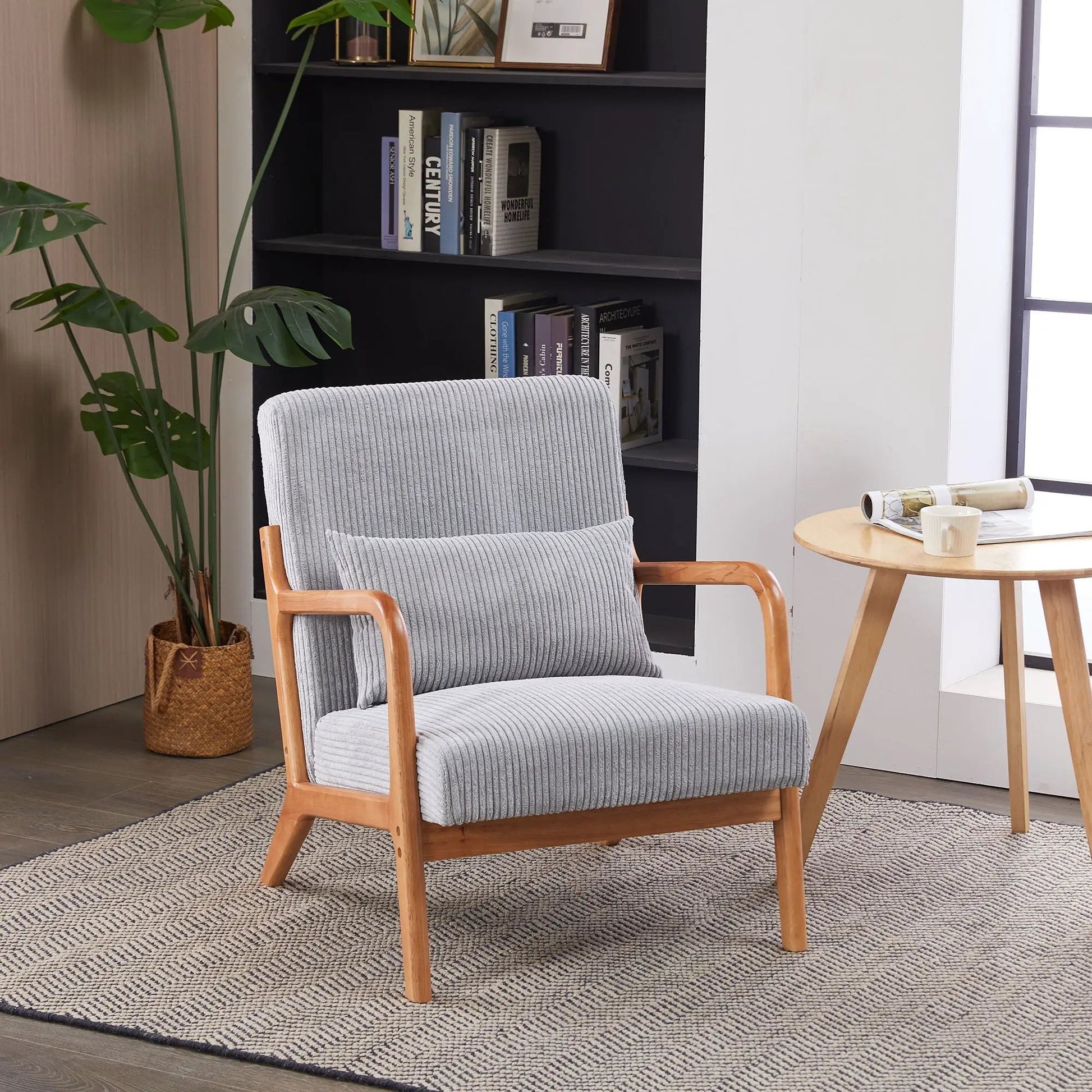 Grey ribbed fabric upholstered accent arm chair with pillow, wooden frame on Tampa Home & Garden Store