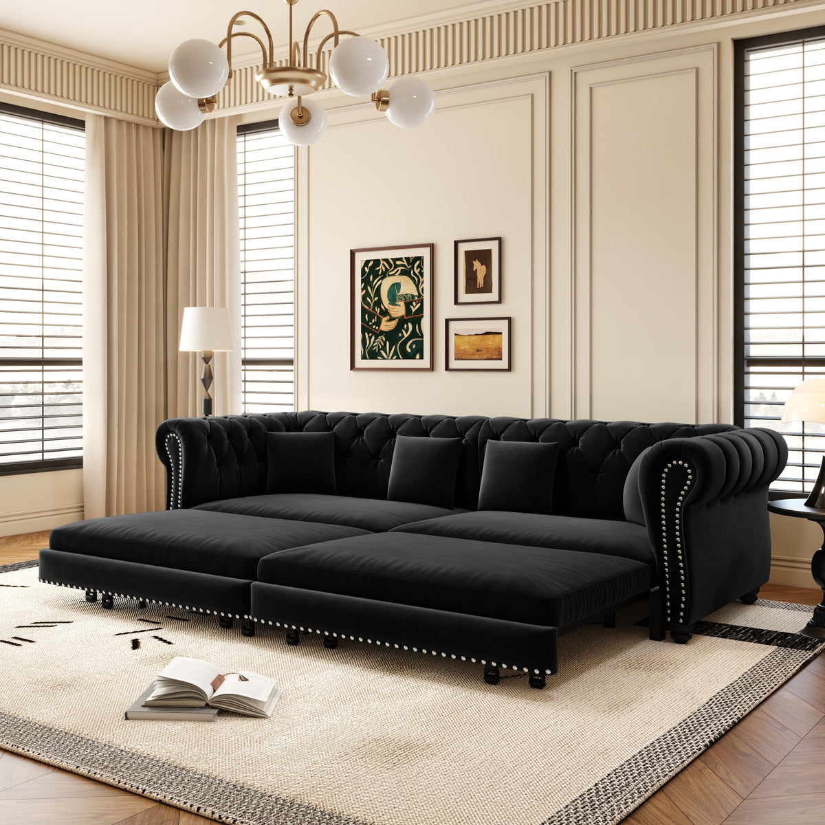 Chesterfield Sofa Bed black velvet tufted with nailhead trim 3-in-1 by HouseOfZazla on Tampa Home & Garden Store