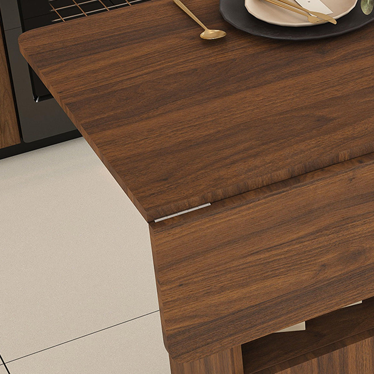 HouseOfZazla multi functional folding island in dark brown wood with storage shelves on Tampa Home & Garden Store