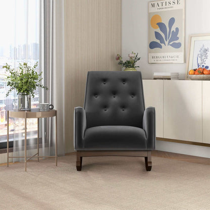 Mid-century rocking chair in dark gray upholstery with foam cushion in a modern room on Tampa Home & Garden Store