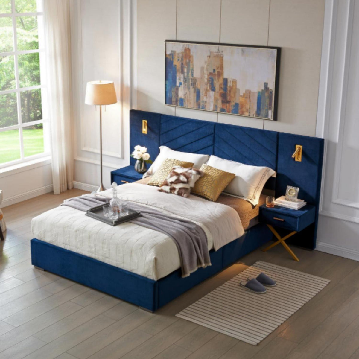 A Tufted Wingback Upholstered Bed With Sponge Pad