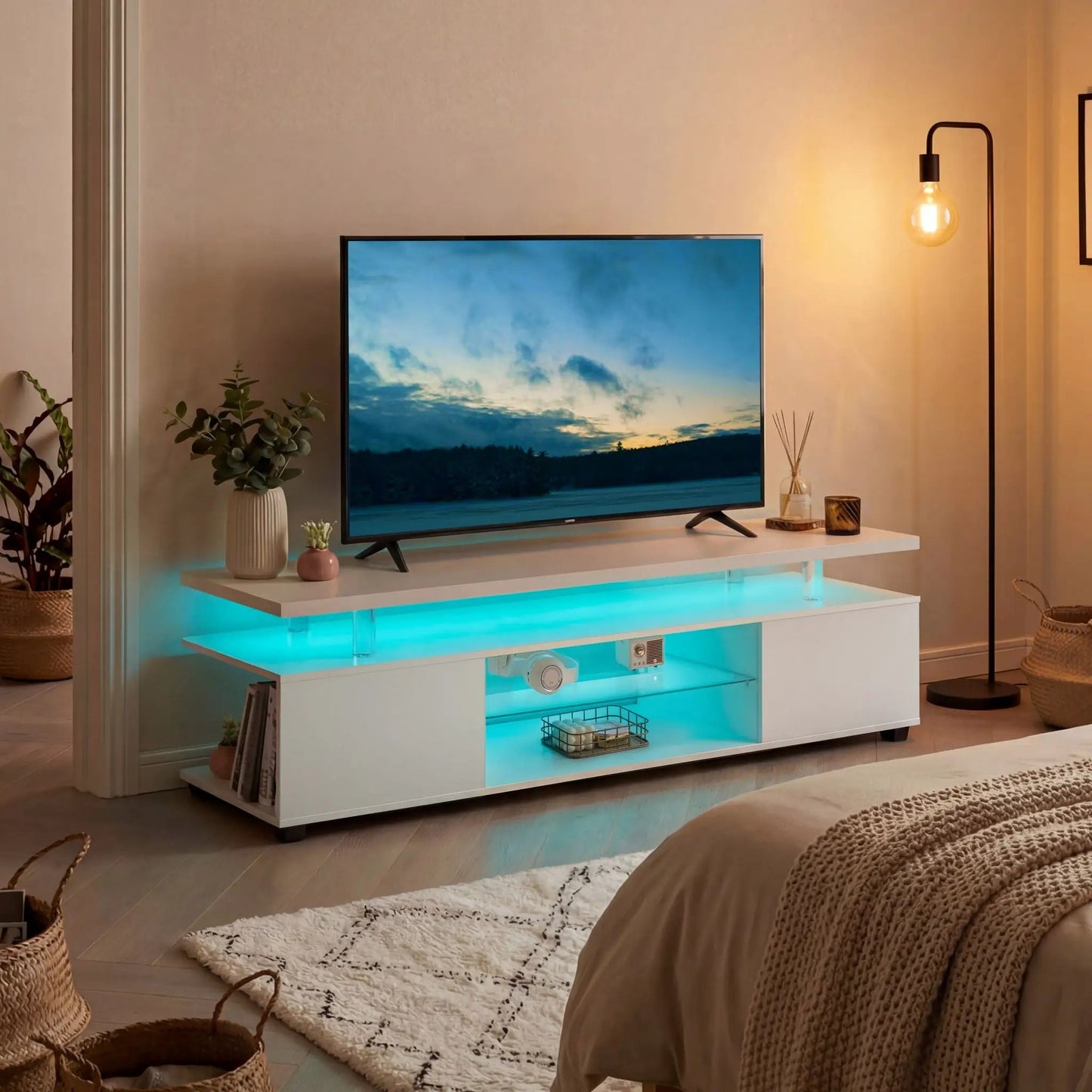 TV Stand with LED lighting, white glossy finish, large side cabinet by Unique Piece Furniture on Tampa Home & Garden Store