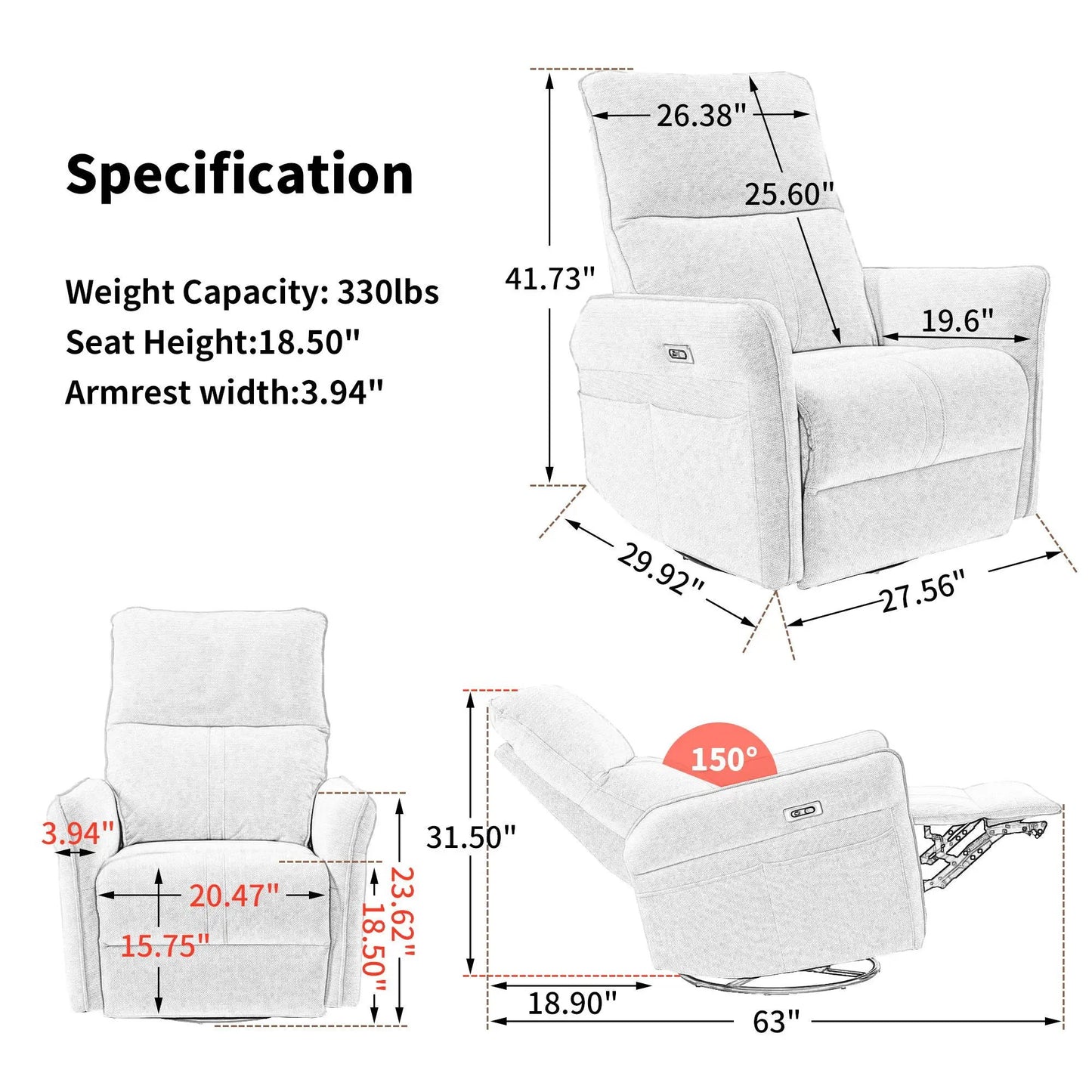 270 Degree Power Swivel Rocker Recliner With USB