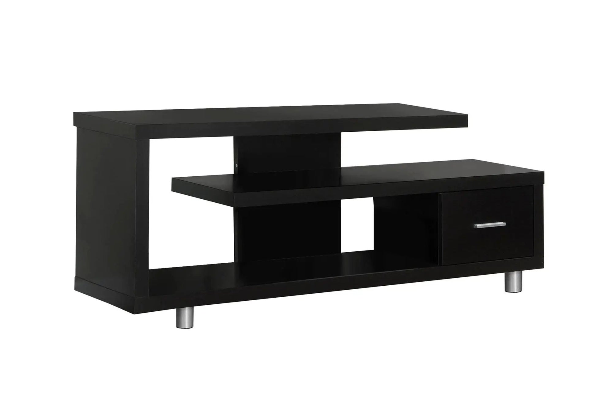 TV stand black modern storage console with open shelf and right-side drawer, metal legs on Tampa Home & Garden Store