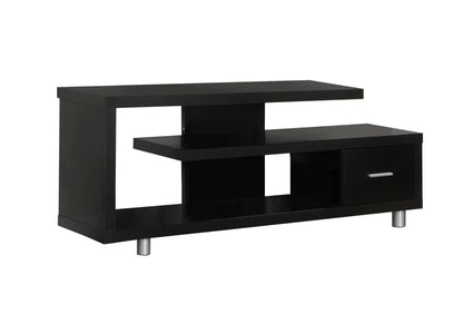 TV stand black modern storage console with open shelf and right-side drawer, metal legs on Tampa Home & Garden Store
