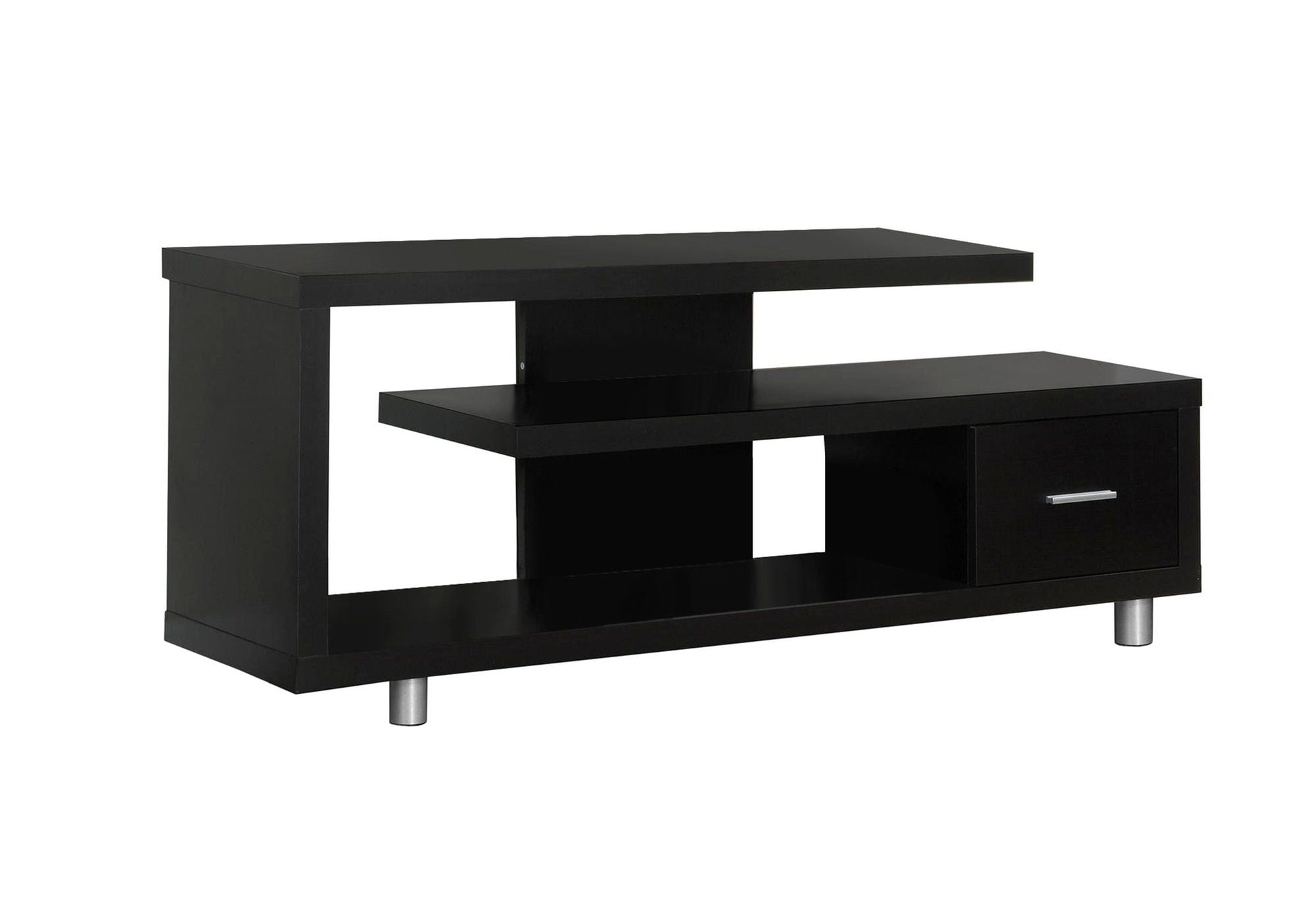TV Stand by HouseOfZazla in black finish with open shelf and right-side storage drawer on Tampa Home & Garden Store