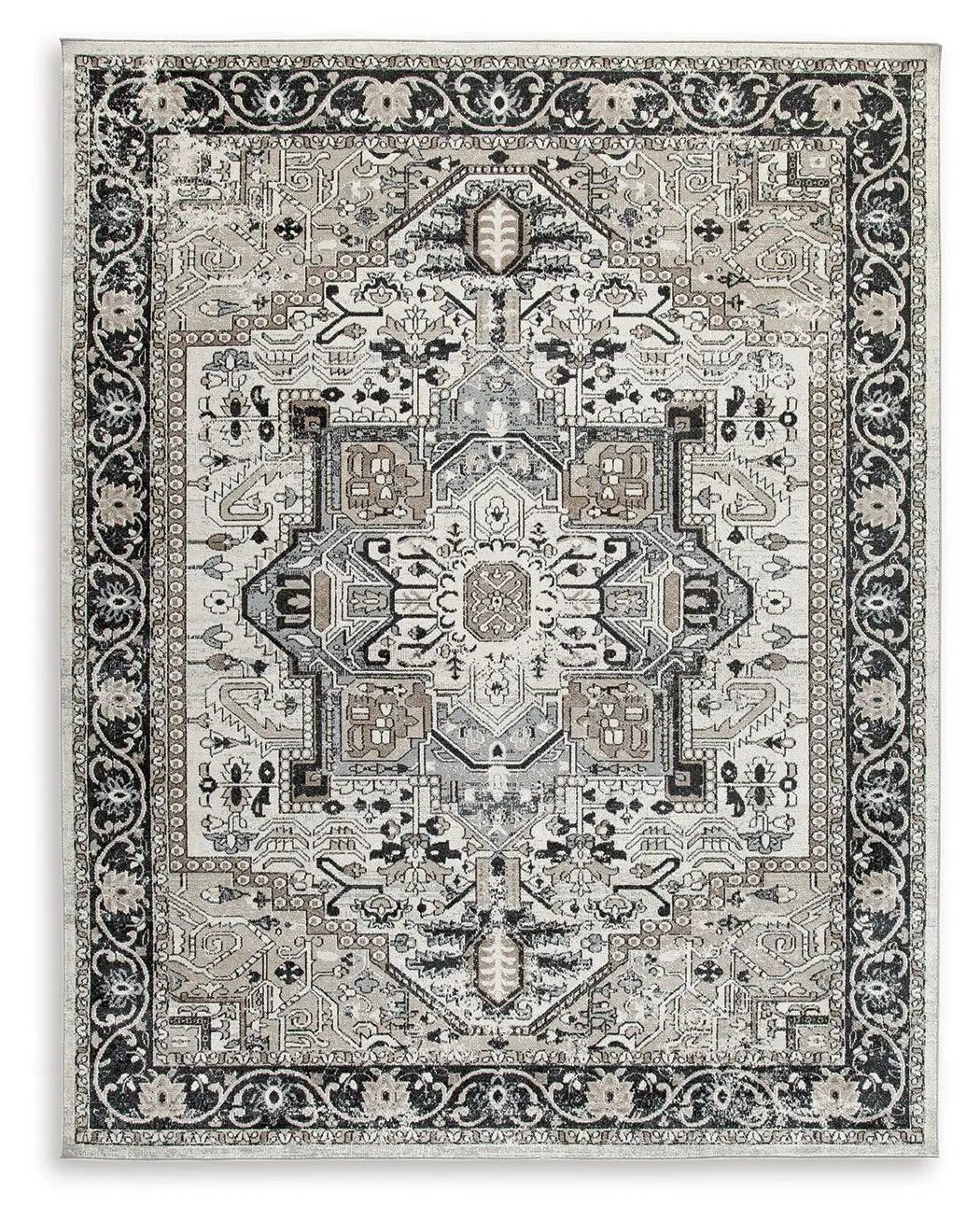 Gregmoore Area Rug washable rug in ivory and taupe with blue-gray central medallion on Tampa Home & Garden Store