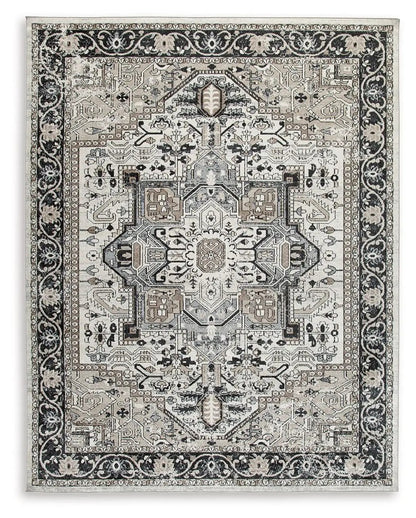 Gregmoore Area Rug washable rug in ivory and taupe with blue-gray central medallion on Tampa Home & Garden Store