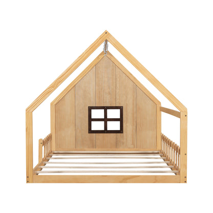 House bed with window and fence, natural wooden platform bed frame on Tampa Home & Garden Store