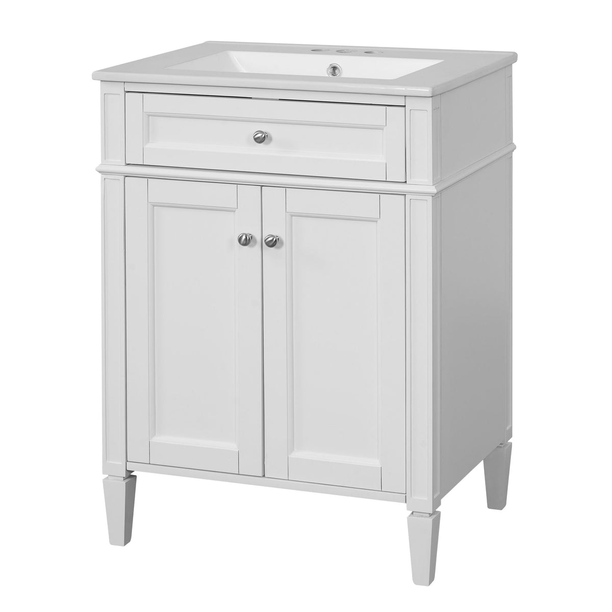 Bathroom vanity with solid wood frame in white, top sink, tip-out drawer and cabinet doors on Tampa Home & Garden Store