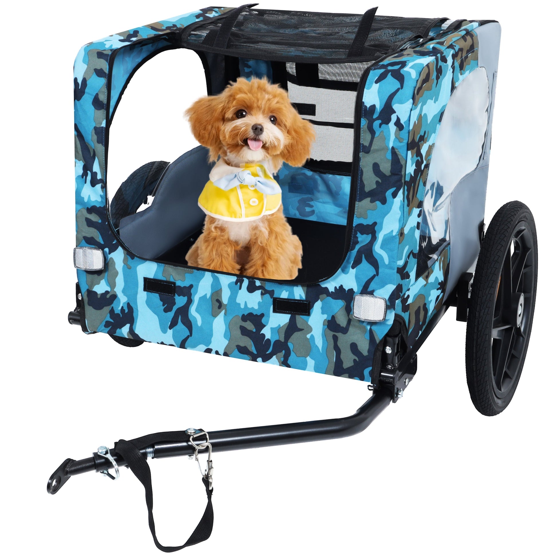 Pet bike trailer in blue camouflage with mesh window and 16-inch wheels on Tampa Home & Garden Store