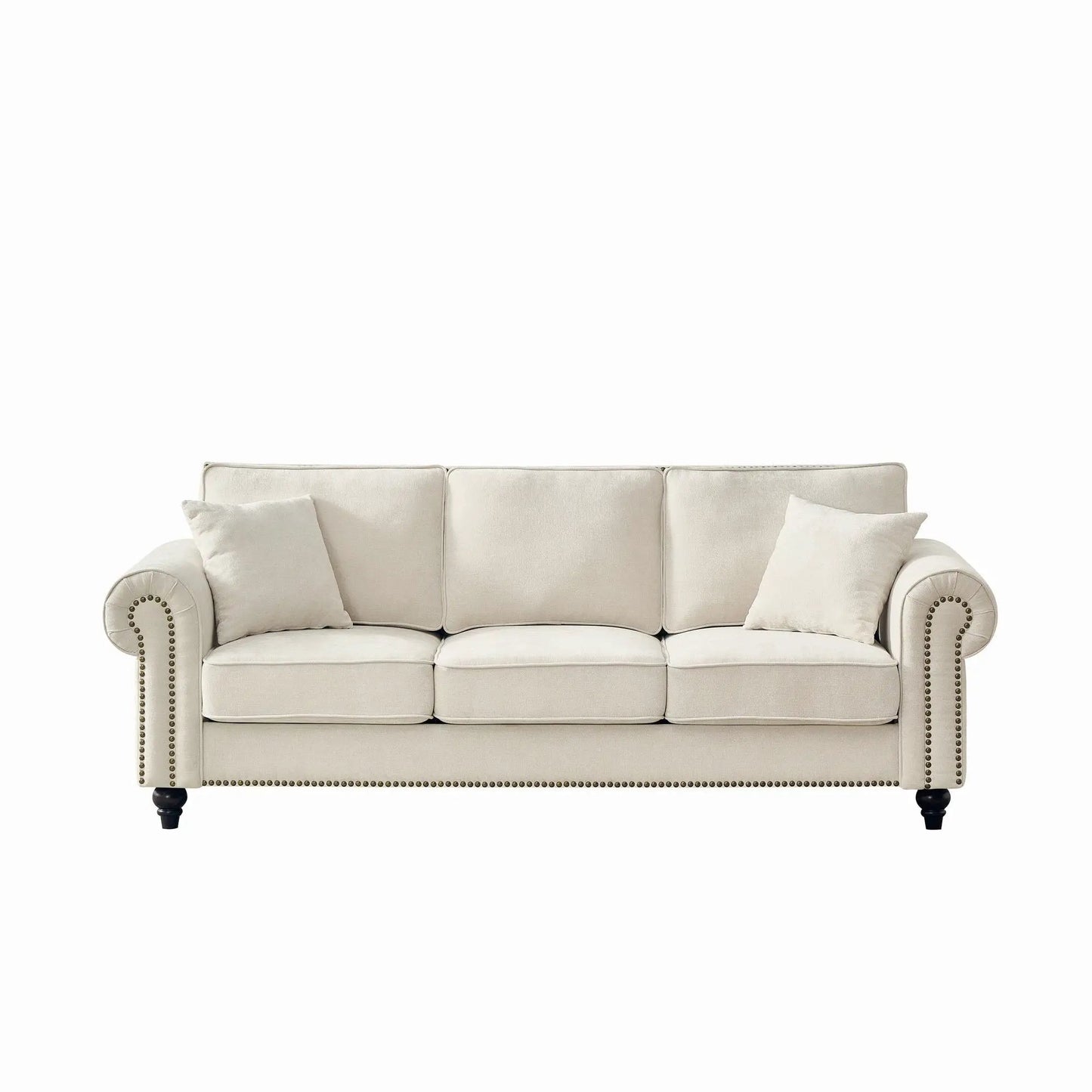 3 Seater tufted sofa with rolled arms and nailhead trim in beige fabric by Unique Piece on Tampa Home & Garden Store