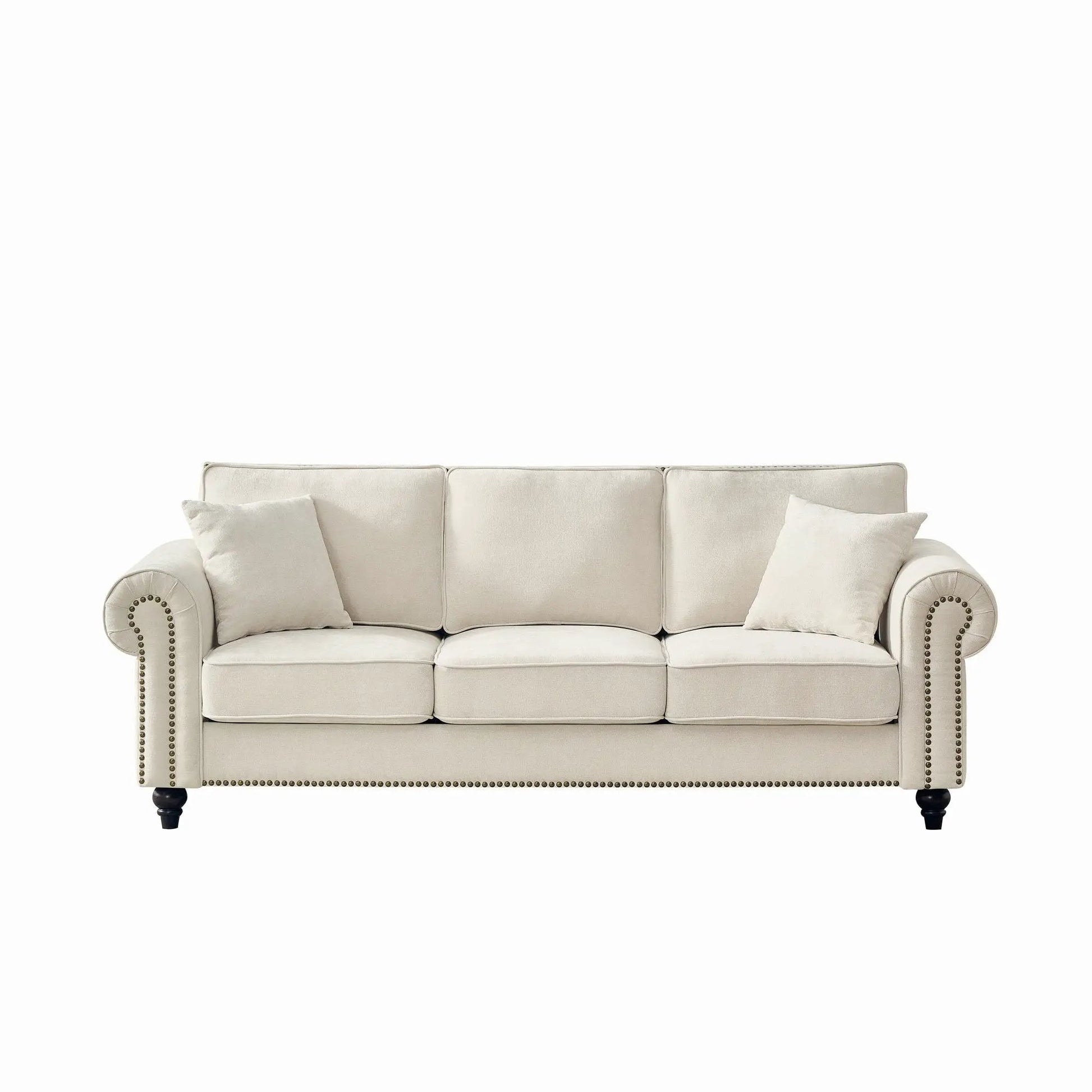 3 Seater tufted sofa with rolled arms and nailhead trim in beige fabric by Unique Piece on Tampa Home & Garden Store