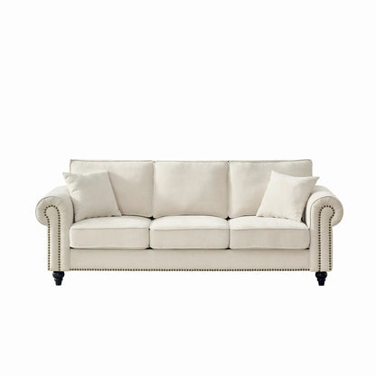 3 Seater tufted sofa with rolled arms and nailhead trim in beige fabric by Unique Piece on Tampa Home & Garden Store