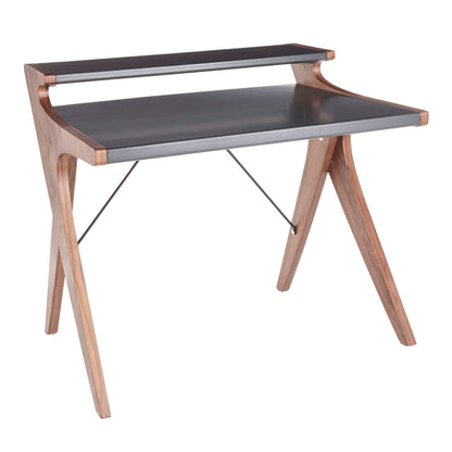 Contemporary lift-top desk in walnut and gray with raised hutch and curved legs on Tampa Home & Garden Store