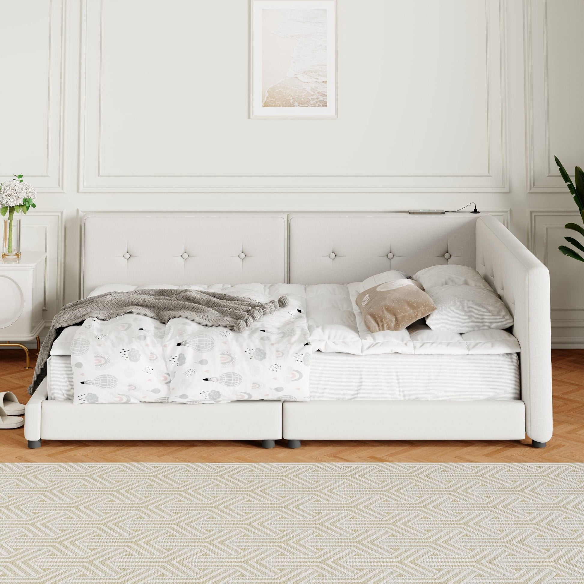 Modern upholstered platform bed with USB ports and LED belt, white tufted headboard on Tampa Home & Garden Store