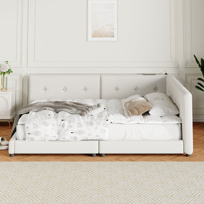 Modern upholstered platform bed with USB ports and LED belt, white tufted headboard on Tampa Home & Garden Store