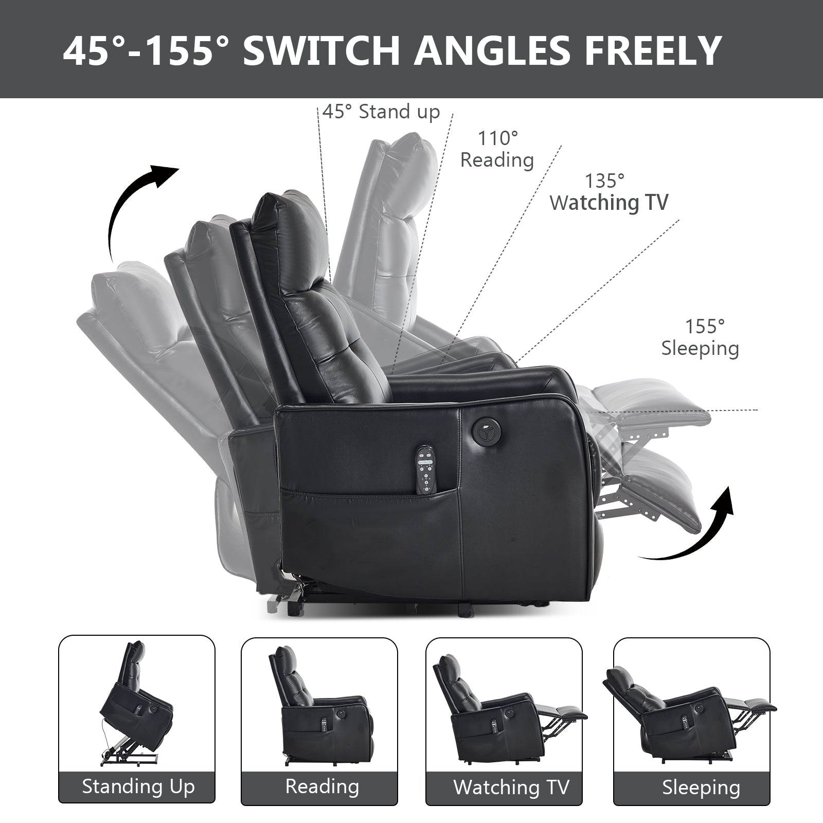 Black PU power lift recliner chair by HouseOfZazla in standing, reading and sleeping positions on Tampa Home & Garden Store