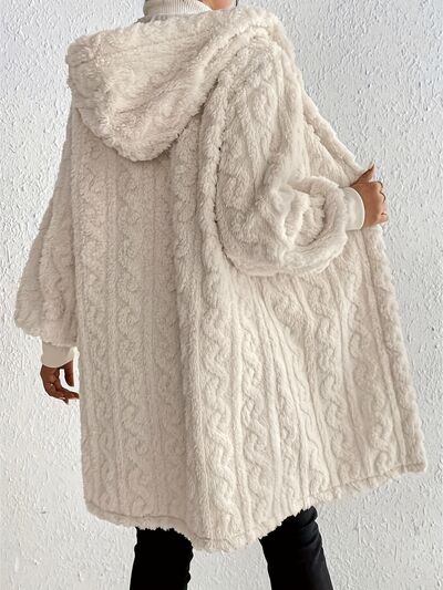 Beige long fuzzy hooded coat with cable-knit texture open-front Stevvex on Tampa Home & Garden Store