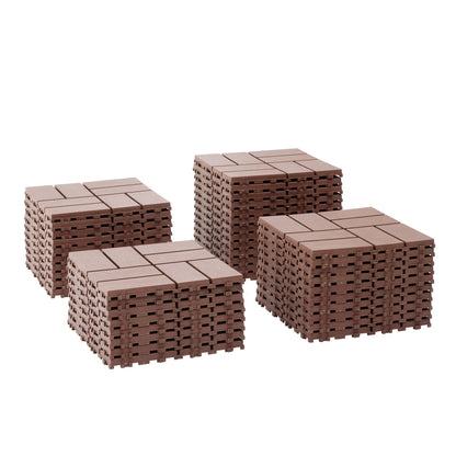 Interlocking deck tiles 44-pack in dark brown, stacked pallets for outdoor flooring on Tampa Home & Garden Store