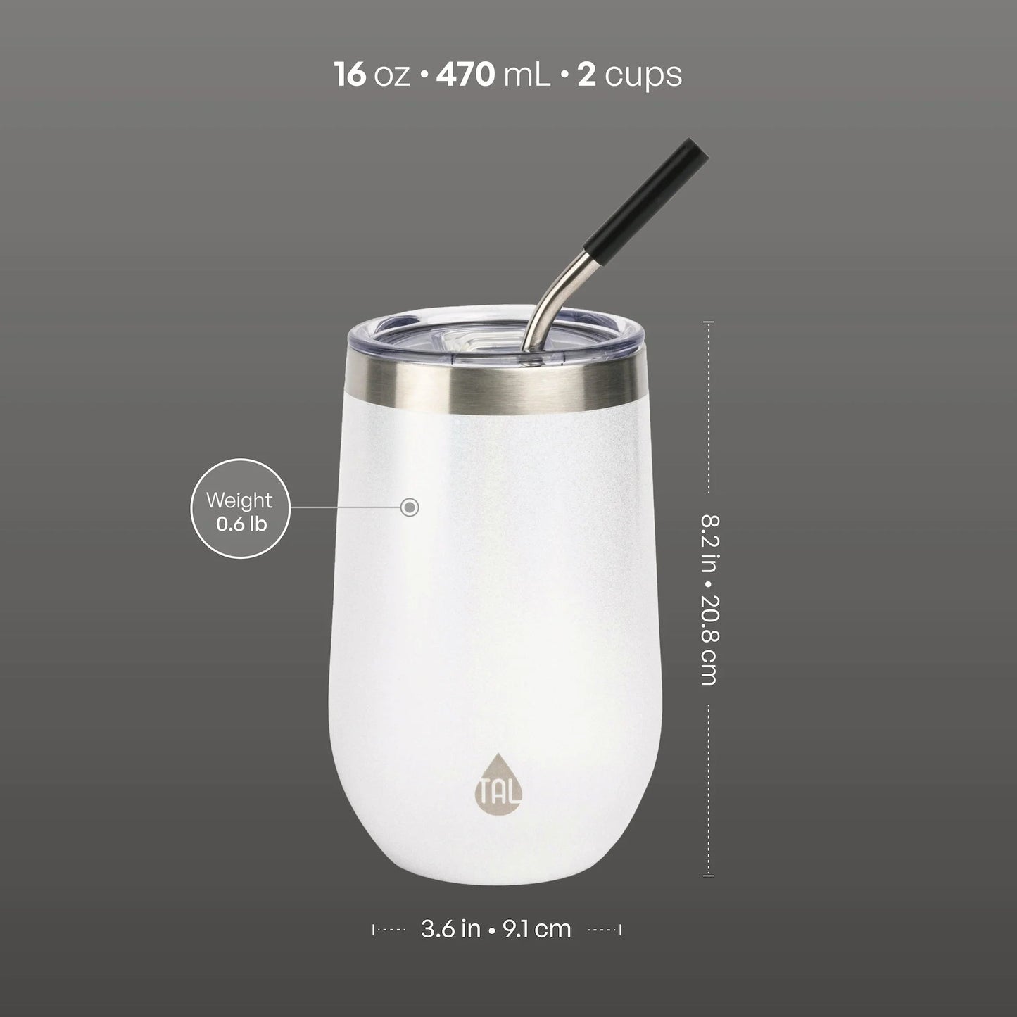 TAL Stainless Steel Wine Tumbler with Straw – 16 fl oz, White
