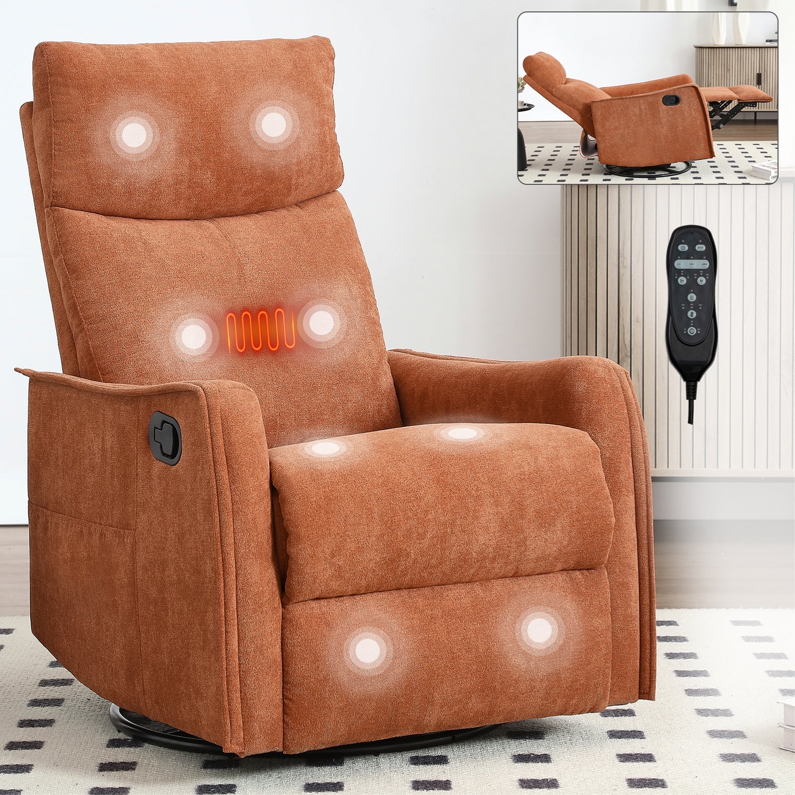 Heat Massage Manual Recliner Chair rust orange fabric with rocker swivel by HouseOfZazla remote on Tampa Home & Garden Store