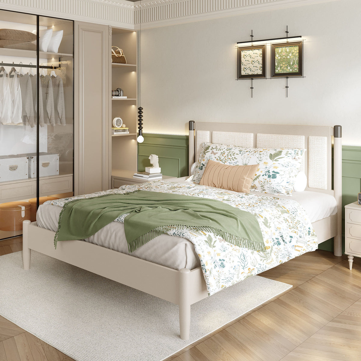 Solid Wood Queen Bed by HouseOfZazla with beige frame and heavy duty upholstered headboard on Tampa Home & Garden Store