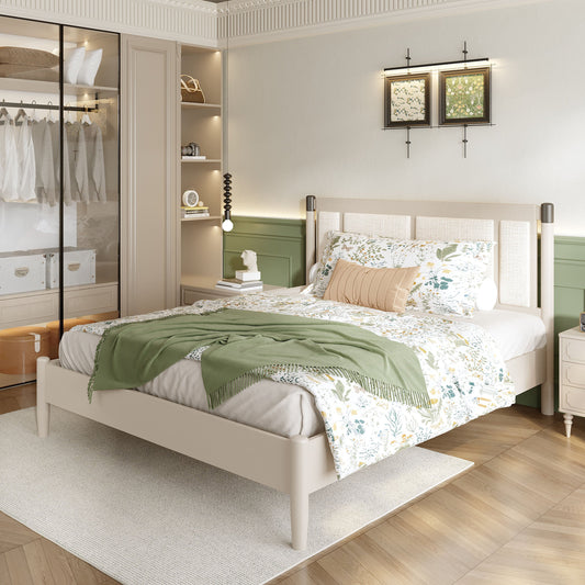 Solid Wood Queen Bed by HouseOfZazla with beige frame and heavy duty upholstered headboard on Tampa Home & Garden Store
