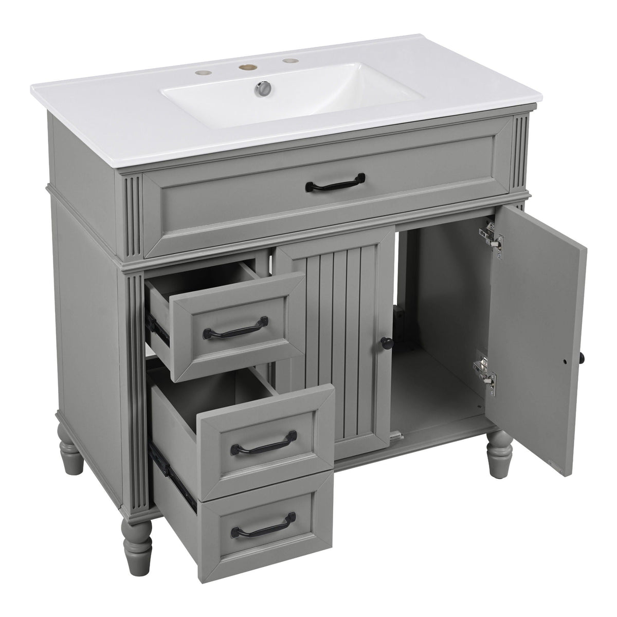 Bathroom vanity with sink and drawers in gray solid wood with white countertop on Tampa Home & Garden Store