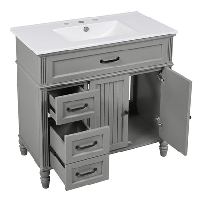 Bathroom vanity with sink and drawers in gray solid wood with white countertop on Tampa Home & Garden Store