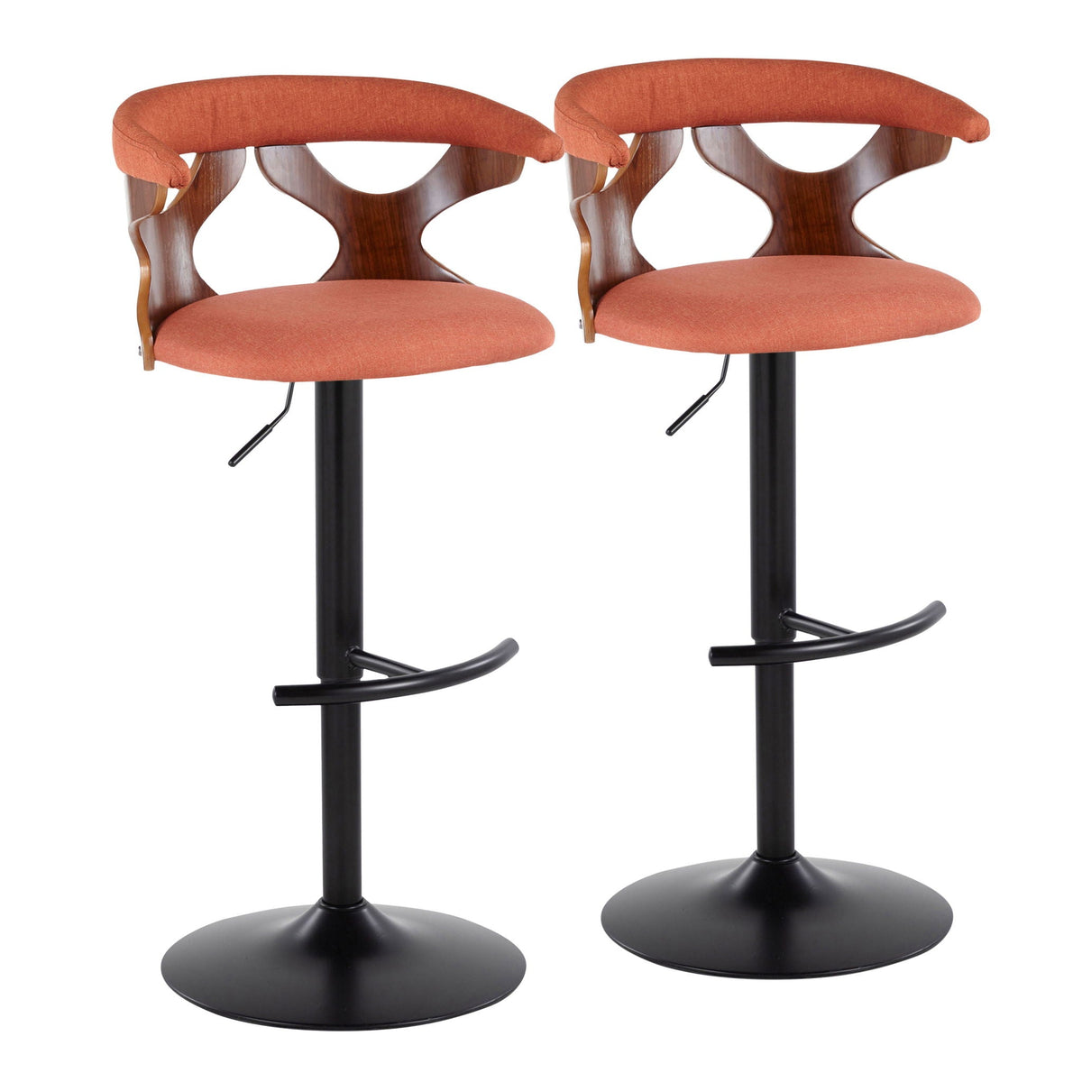 Adjustable barstool set with swivel; 2 orange fabric stools with wood backs and T footrests on Tampa Home & Garden Store
