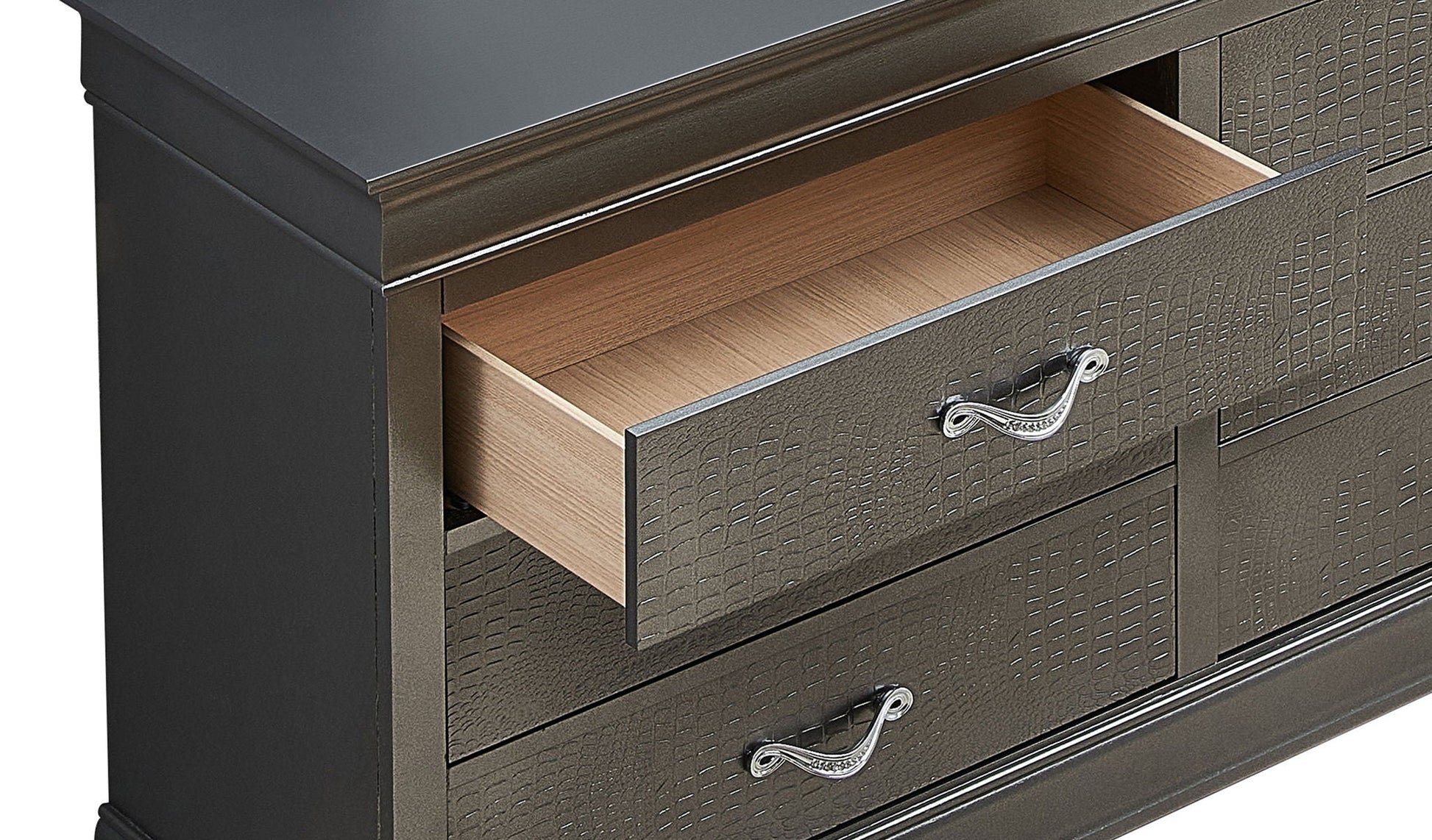Metalic Black dresser by HouseOfZazla with textured crocodile-front panels and open drawer on Tampa Home & Garden Store