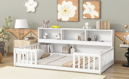 Floor Bed with Bedside Bookcase and Guardrails