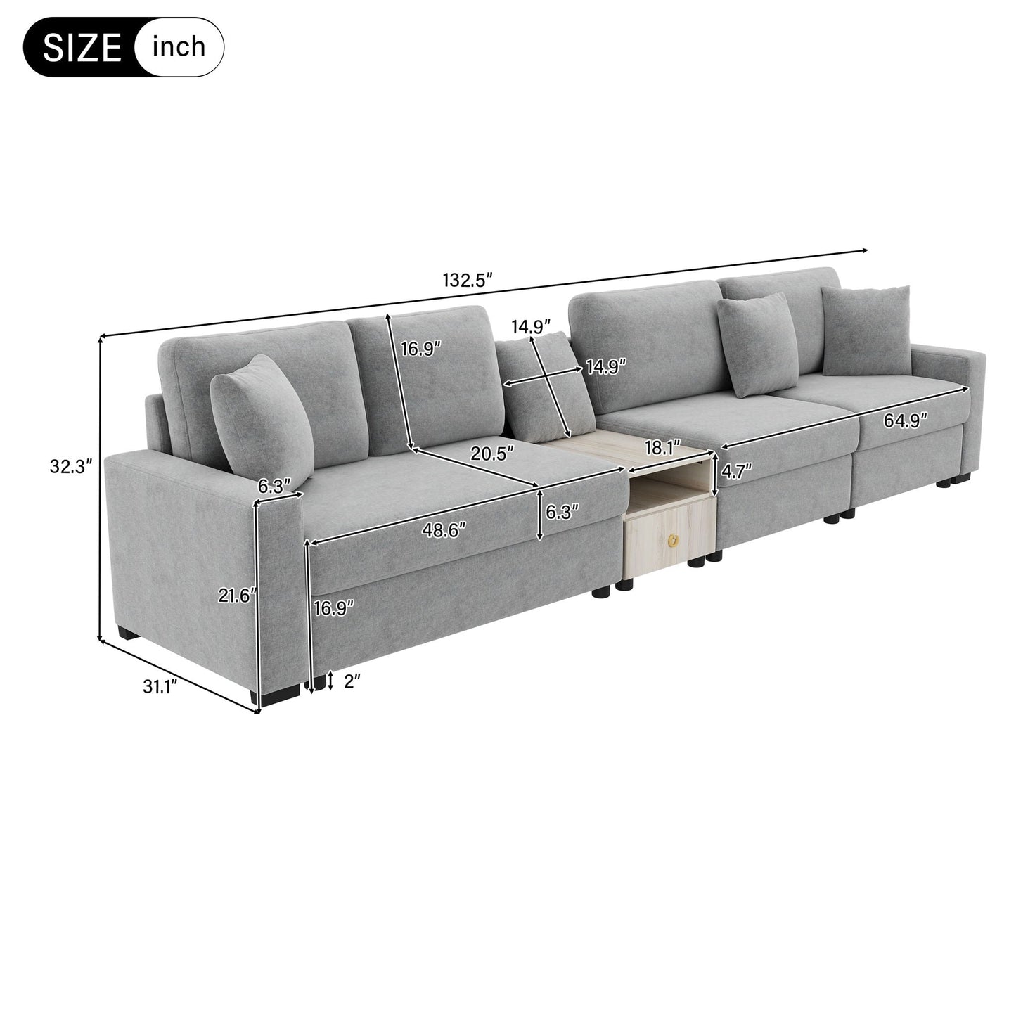 Modular sofa couch with storage armrests and center console in gray fabric on Tampa Home & Garden Store