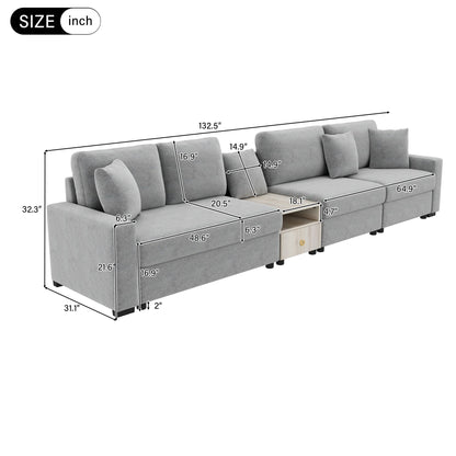 Modular sofa couch with storage armrests and center console in gray fabric on Tampa Home & Garden Store