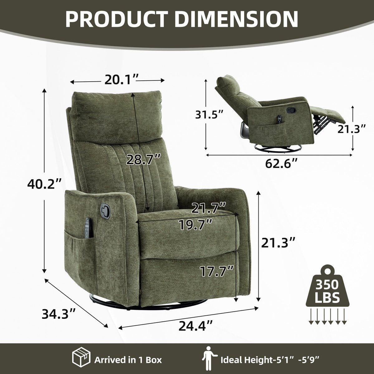 Green Heat Massage Manual Recliner Chair in green fabric by HouseOfZazla on Tampa Home & Garden Store