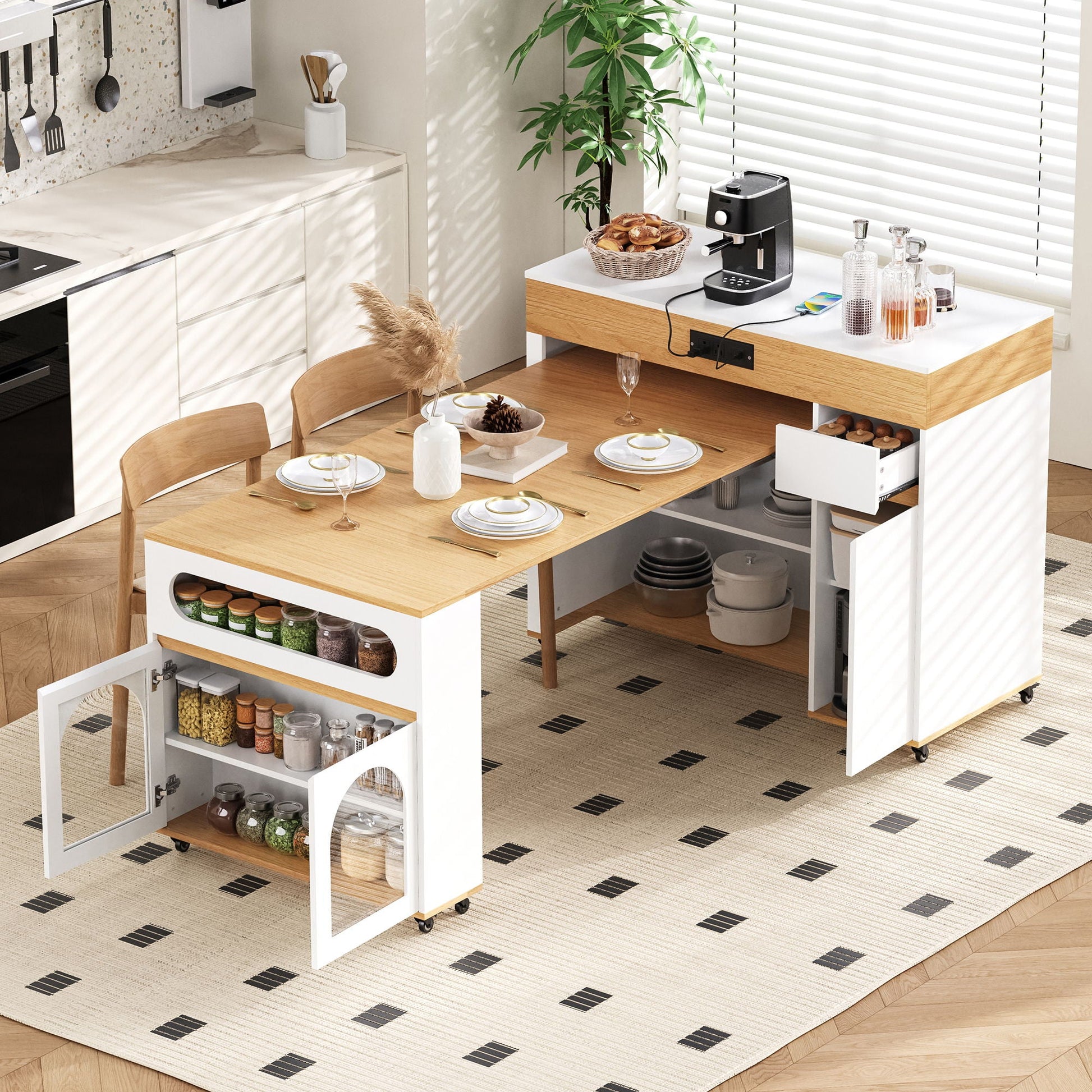 Extendable dining table with folding top and rolling island with drawers and power outlet on Tampa Home & Garden Store