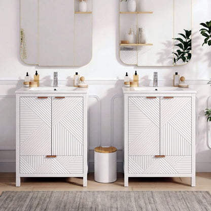 Modern bathroom vanity with sink duo, white chevron-front cabinets, HouseOfZazla on Tampa Home & Garden Store
