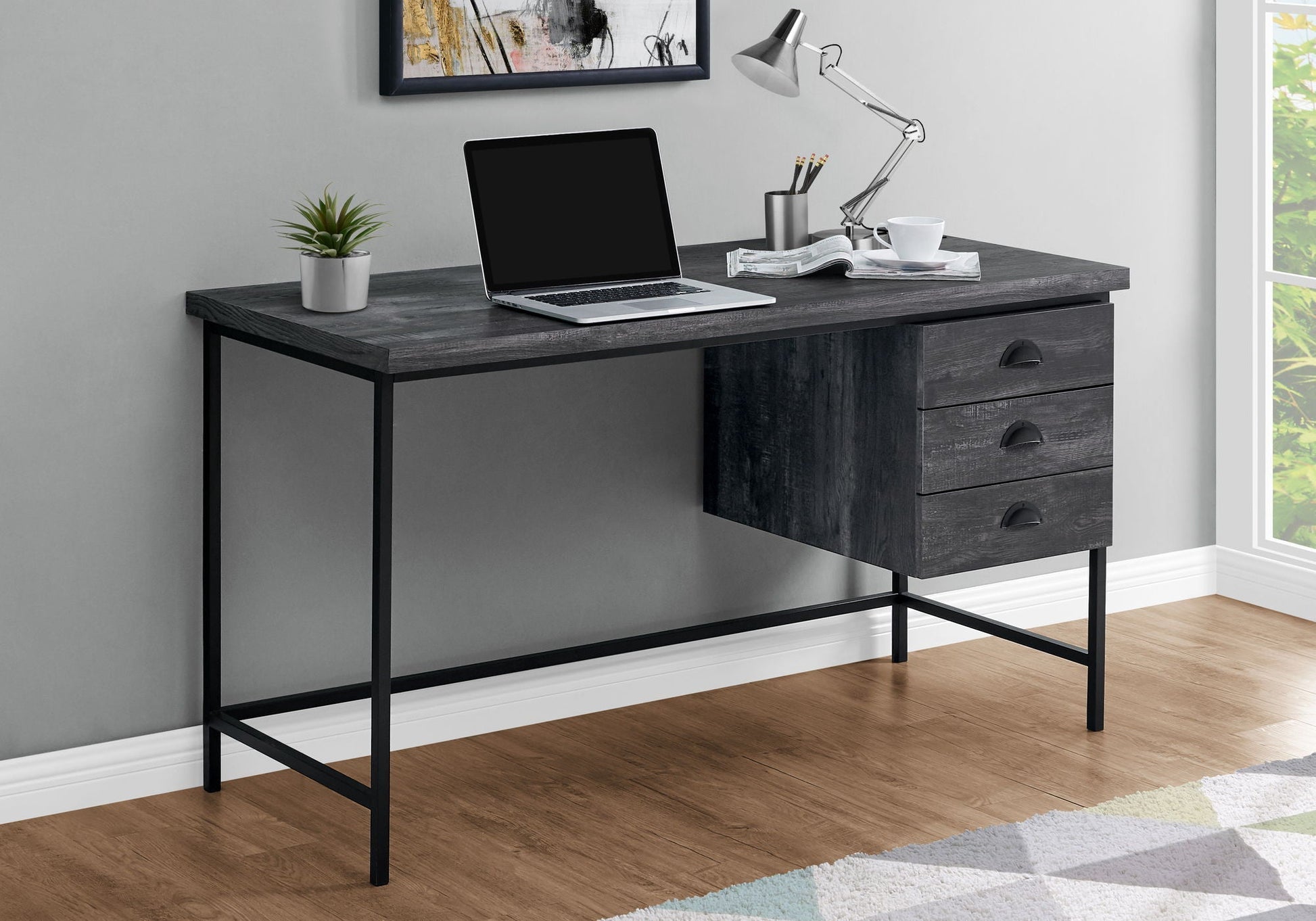 Computer desk in dark wood finish with black metal frame, 3 drawers, HouseOfZazla writing desk on Tampa Home & Garden Store