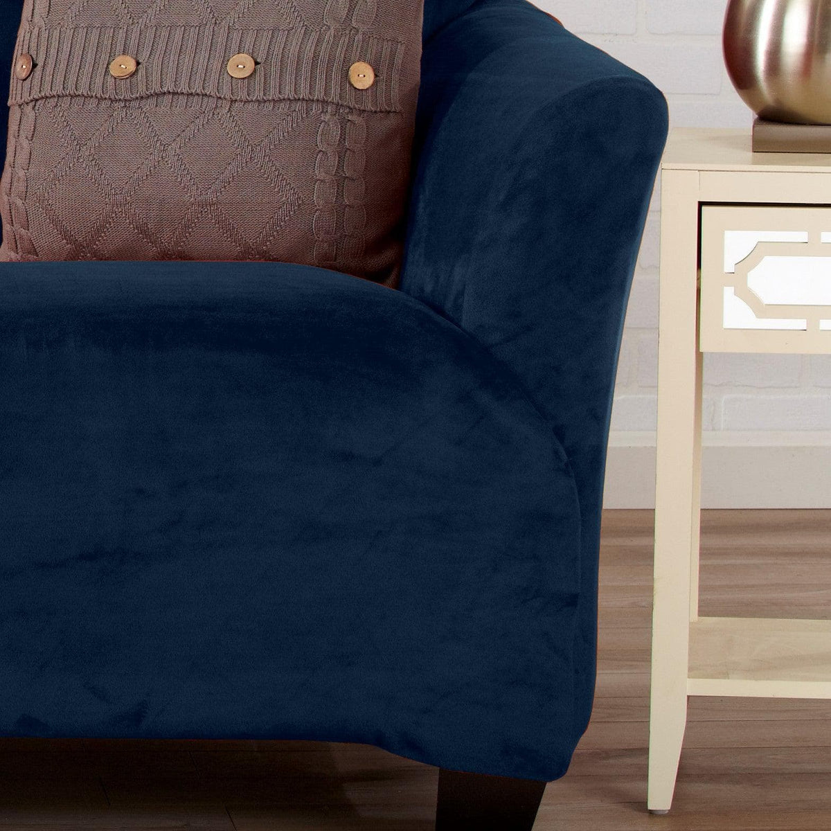 Velvet Stretch Slipcover Gale Collection in navy blue for a chair, Great Bay Home on Tampa Home & Garden Store