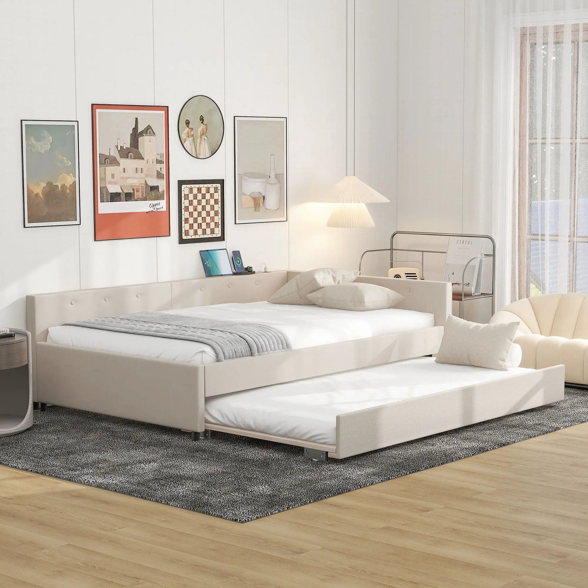 Platform bed with USB ports, white twin trundle bed with 2 mattresses on Tampa Home & Garden Store