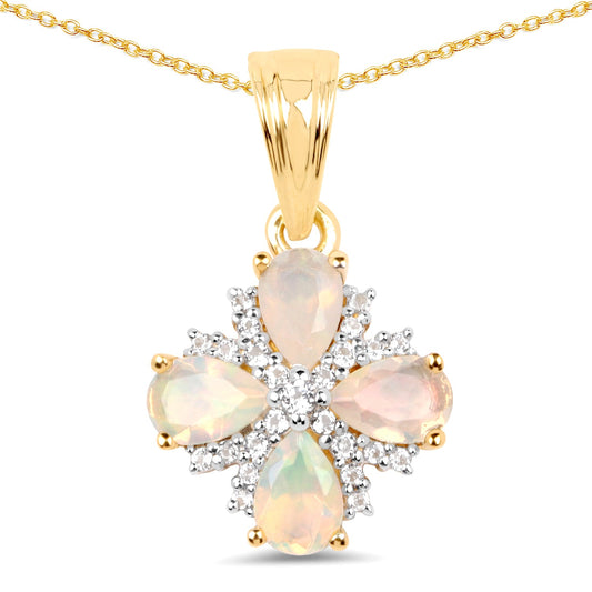 Pendant, opal and white topaz floral cluster on yellow gold plated setting with chain on Tampa Home & Garden Store