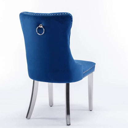 Nikki Unique Piece Blue Upholstered Dining Chair set of 2 with ring pull and chrome legs on Tampa Home & Garden Store