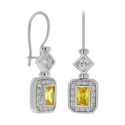 Statement earrings pair by Lauren G Adams, silver-tone drops with yellow square gems on Tampa Home & Garden Store