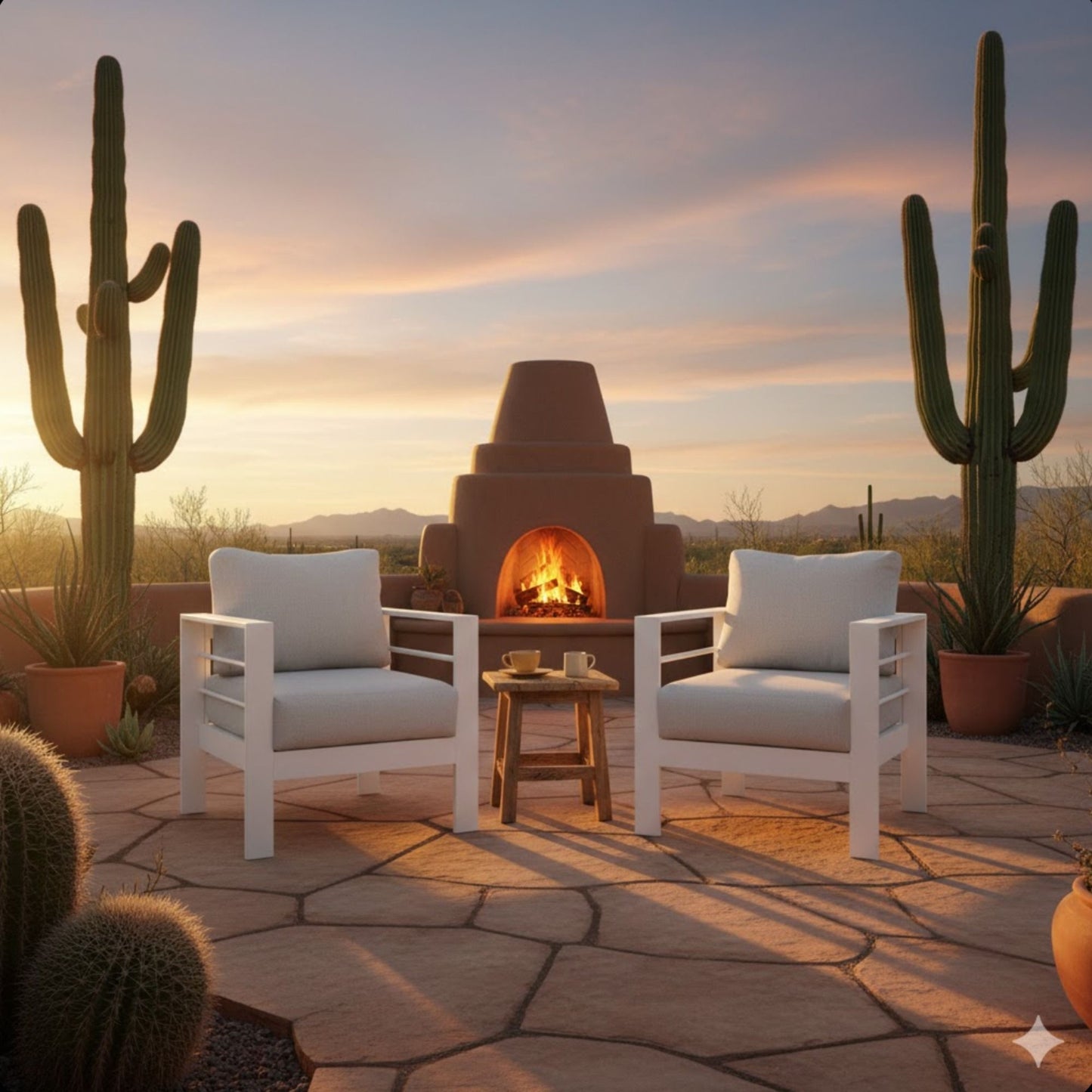 Modern all-weather patio armchairs with thick cushions, white frames, set of 2 near a fire pit on Tampa Home & Garden Store