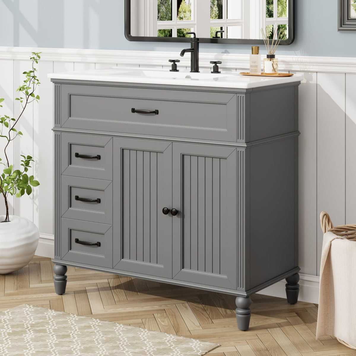 Bathroom vanity with sink, freestanding solid wood gray cabinet, black hardware HouseOfZazla on Tampa Home & Garden Store