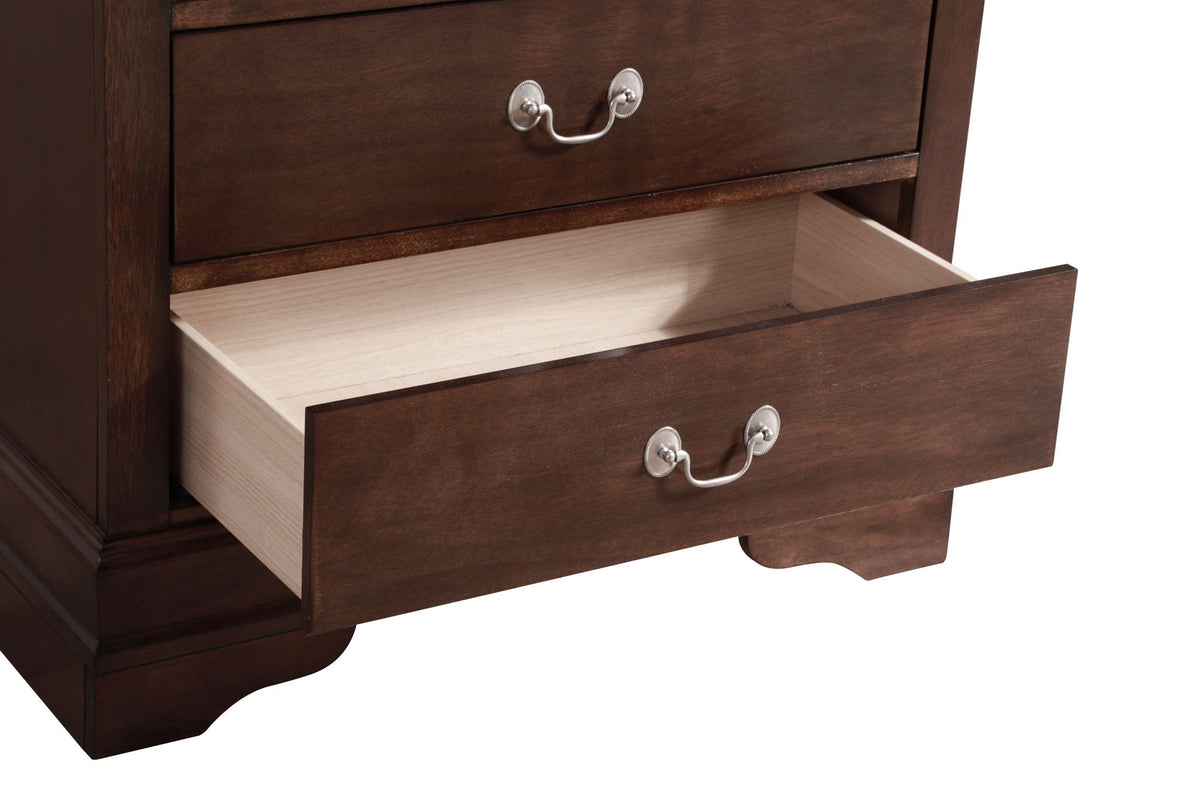 Louis Phillipe accent chest in dark brown wood with classic styling, two drawers and silver bail pulls on Tampa Home & Garden Store