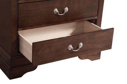 Louis Phillipe accent chest in dark brown wood with classic styling, two drawers and silver bail pulls on Tampa Home & Garden Store